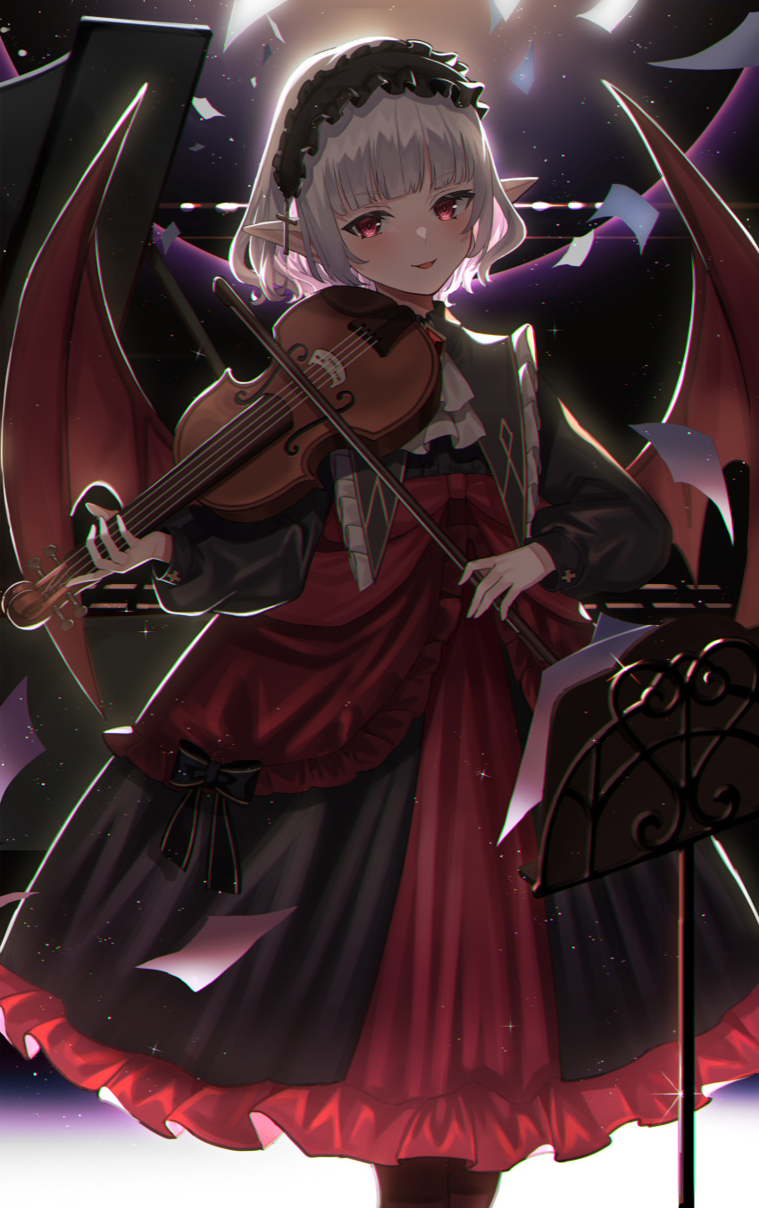 1girl absurdres amahara_subaru ascot backlighting bangs black_bow black_dress black_hairband blunt_bangs bow bow_(instrument) commentary_request cross demon_wings dress eyebrows_visible_through_hair feet_out_of_frame frills hairband highres holding holding_instrument instrument light_particles lolita_hairband long_sleeves looking_at_viewer music music_stand original paper parted_lips playing_instrument pointy_ears red_dress red_eyes red_wings short_hair silver_hair smile solo standing two-tone_dress violin white_neckwear wings