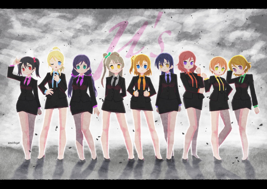 6+girls aqua_eyes arms_behind_back ayase_eli bangs black_hair black_neckwear black_suit blonde_hair blue_eyes blue_hair blue_shirt bow breasts brown_eyes brown_hair collared_shirt formal frown furrowed_brow green_bow green_eyes green_shirt grey_hair grey_shirt hair_ribbon hand_on_hip high_heels highres holding_tie hoshizora_rin koizumi_hanayo kousaka_honoka large_breasts long_hair long_sleeves love_live! love_live!_school_idol_project low_twintails minami_kotori multiple_girls nico_nico_nii nishikino_maki one_side_up orange_hair orange_shirt parted_bangs pink_shirt ponytail purple_eyes purple_hair purple_shirt red_eyes red_hair red_shirt ribbon scrunchie shadow shirt short_hair skirt_suit sonoda_umi suit swept_bangs toujou_nozomi twintails user_jrsk7323 white_scrunchie yazawa_nico yellow_bow yellow_eyes