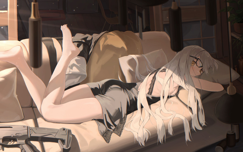 1girl absurdres ak-alfa_(girls'_frontline) ass barefoot black-framed_eyewear black_dress blanket can ceiling_light chair closed_mouth couch crooked_eyewear cushion dress girls'_frontline glasses gun highres indoors long_hair looking_at_viewer lying on_stomach plant potted_plant rui_(rei_leyi) solo weapon white_hair