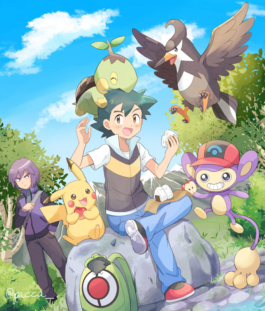 2boys :d aipom apple ash_ketchum backpack bag bangs baseball_cap brown_eyes brown_pants bush cloud crossed_legs day food fruit gen_1_pokemon gen_2_pokemon gen_4_pokemon green_bag green_hair hand_in_pocket hat hatted_pokemon highres holding_strap jacket male_focus mei_(maysroom) multiple_boys onigiri open_mouth outdoors pants paul_(pokemon) pikachu pokemon pokemon_(anime) pokemon_dppt_(anime) purple_hair purple_jacket rock shirt shoes short_hair short_sleeves sitting sky smile standing staravia tongue tree turtwig twitter_username white_shirt