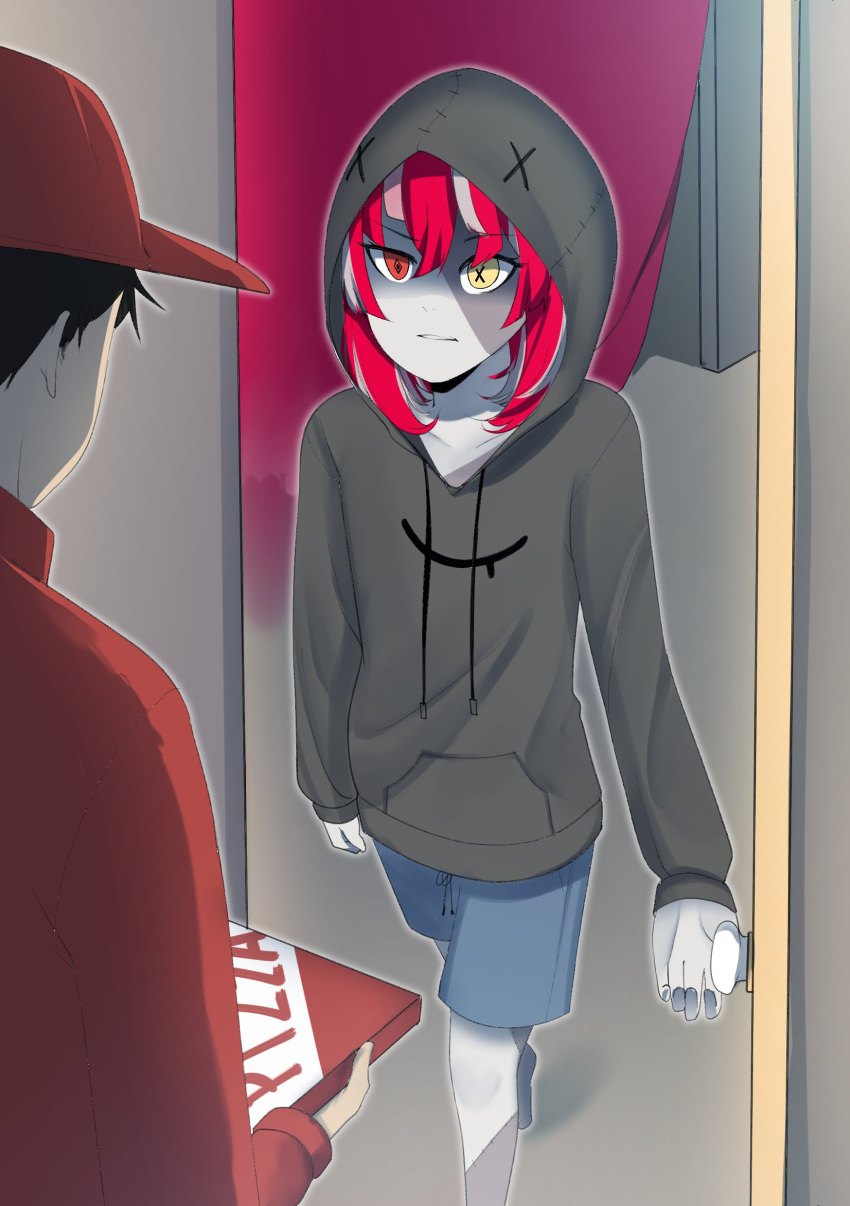 1boy 1girl absurdres alternate_costume baseball_cap black_hair blue_shorts casual colored_skin delivery english_text flat_chest grey_hoodie grey_skin hat heterochromia highres hololive hololive_indonesia hood hood_up hoodie kureiji_ollie long_sleeves medium_hair opening_door pizza_box pizza_delivery red_hair red_headwear red_shirt rizu_tada shirt shorts stitched_face zombie