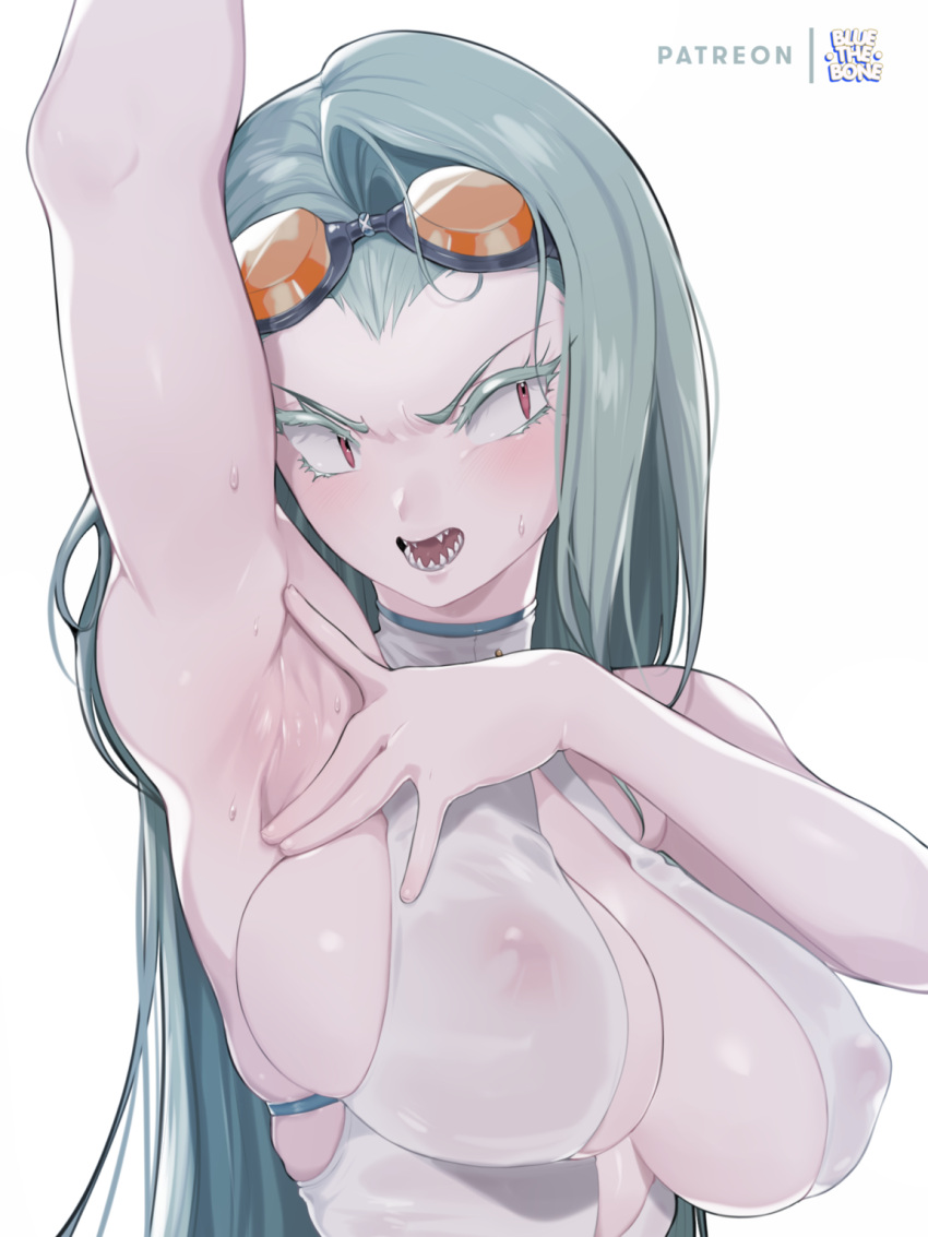1girl armpit_focus armpits artist_name bluethebone breasts center_opening covered_nipples goggles goggles_on_head highres large_breasts long_hair naelle_the_loch_ness_monster one-piece_swimsuit original sharp_teeth simple_background solo sweatdrop swimsuit teeth upper_body white_background white_swimsuit