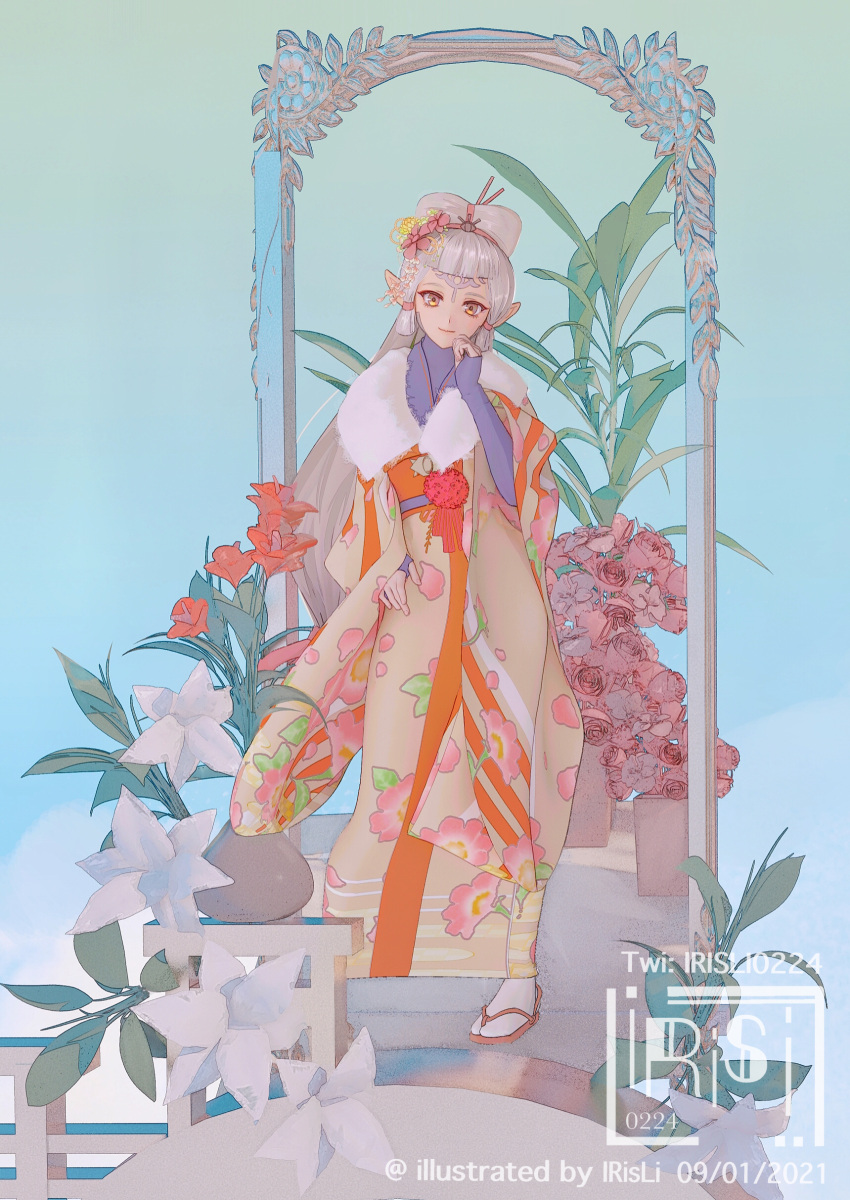 1girl absurdres blue_background brown_eyes brown_kimono dated facial_mark fingerless_gloves flower forehead_mark furisode gloves grey_hair hair_flower hair_ornament hair_stick highres hyrule_warriors hyrule_warriors:_age_of_calamity impa irisl japanese_clothes kimono light_smile long_hair pink_lips pointy_ears print_kimono purple_gloves sandals solo standing tabi the_legend_of_zelda the_legend_of_zelda:_breath_of_the_wild twitter_username very_long_hair