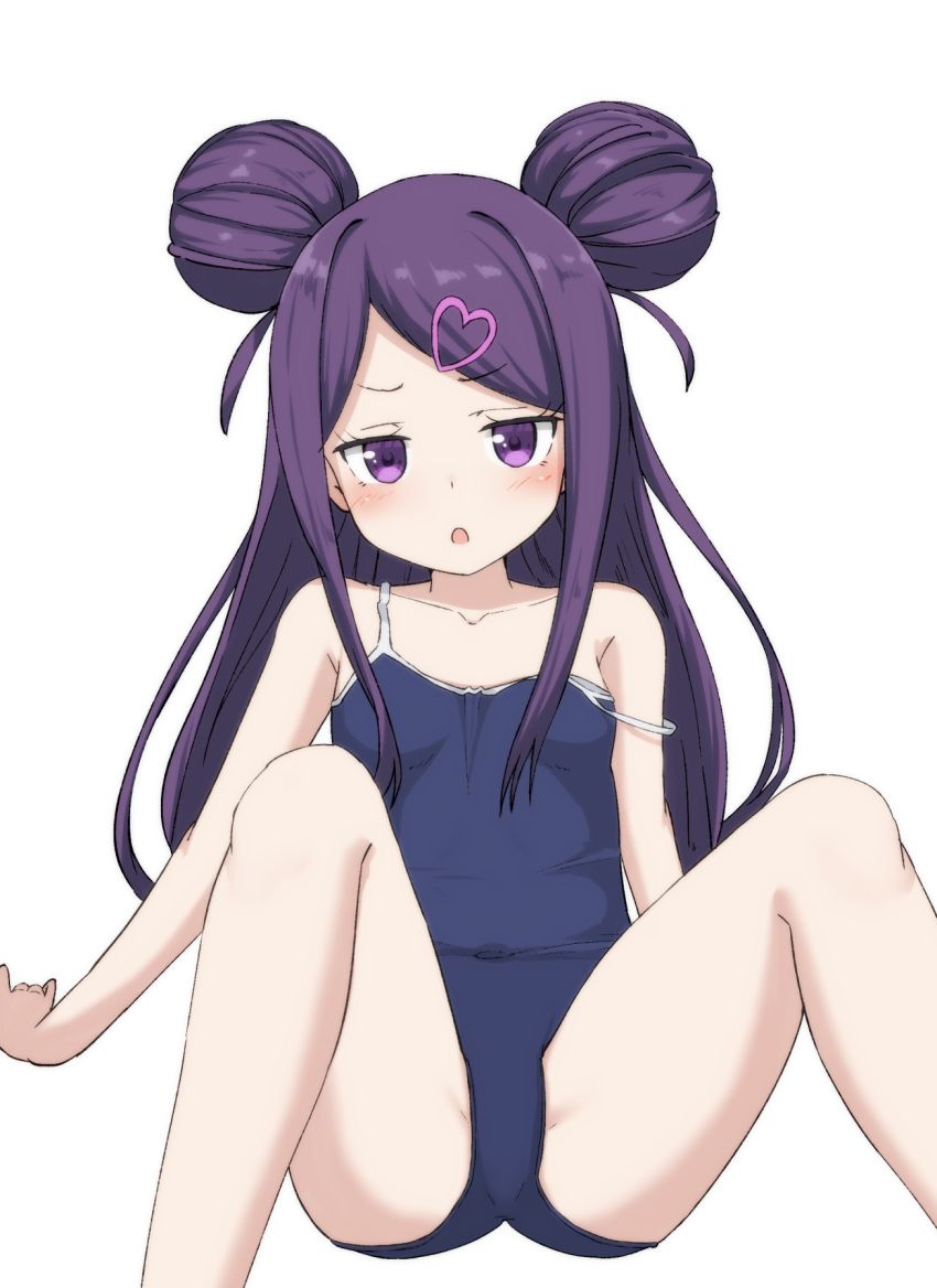 1girl :o bangs bare_arms bare_shoulders blue_swimsuit blush collarbone covered_navel double_bun feet_out_of_frame hair_ornament heart heart_hair_ornament highres hippo_(hirople) knees_up looking_at_viewer ochikobore_fruit_tart one-piece_swimsuit parted_lips purple_eyes purple_hair school_swimsuit sekino_roko simple_background sitting solo strap_slip swept_bangs swimsuit white_background