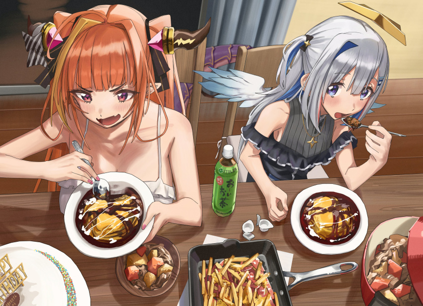 2girls absurdres ahoge amane_kanata angel_wings birthday birthday_cake black_shirt blonde_hair blue_eyes blue_hair blush bottle bow breasts cake camisole chair colored_inner_hair commentary curtains diagonal-striped_bow doukyo's dragon_girl dragon_horns dragon_tail eating english_commentary eyebrows_visible_through_hair fang food french_fries frilled_shirt frills from_above hair_between_eyes halo happy_birthday highres holding holding_spoon hololive horn_bow horns indoors jewelry kiryu_coco large_breasts long_hair looking_at_another looking_to_the_side multicolored_hair multiple_girls nail_polish necklace official_alternate_costume open_mouth orange_hair pink_hair pink_nails plate pointy_ears pot potato purple_eyes ribbed_shirt shadow shirt short_twintails silver_hair sitting skin_fang sleeveless sleeveless_shirt small_breasts smile spaghetti_strap spoon streaked_hair table tail tea twintails two-tone_hair two_side_up upper_body virtual_youtuber white_camisole window wings wooden_chair wooden_floor wooden_table xiaoju_xiaojie