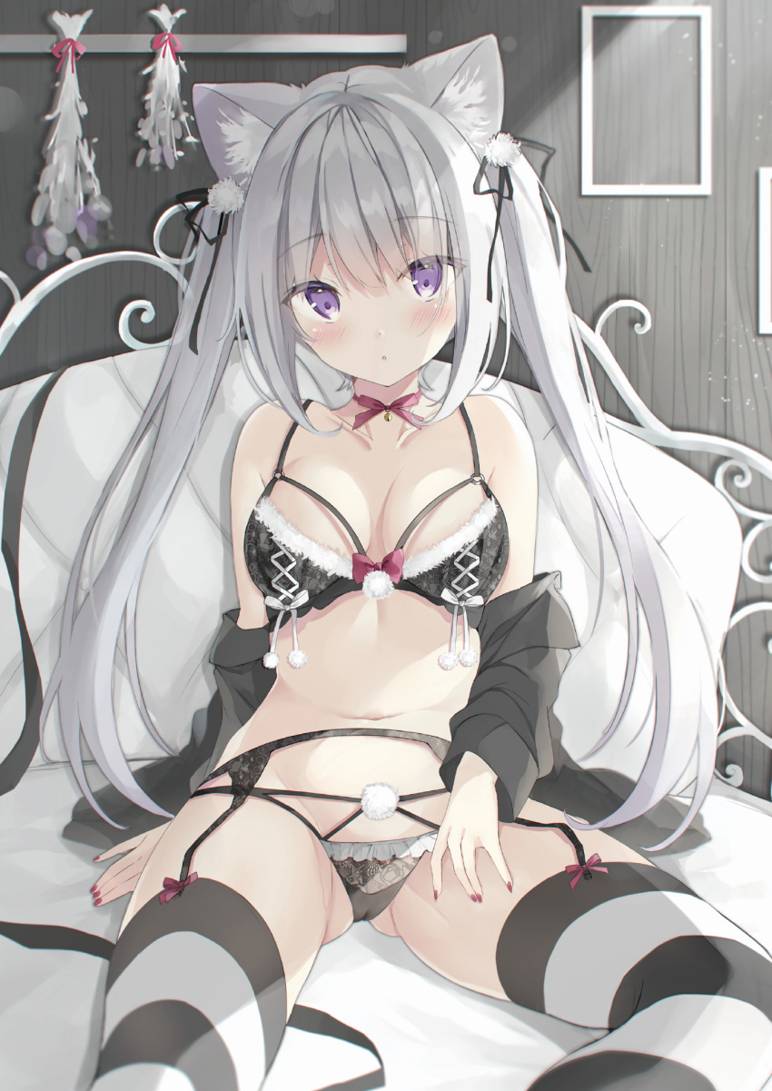 animal_ears bra cameltoe detexted garter_belt melonbooks nekomimi open_shirt pantsu saeki_sola stockings thighhighs