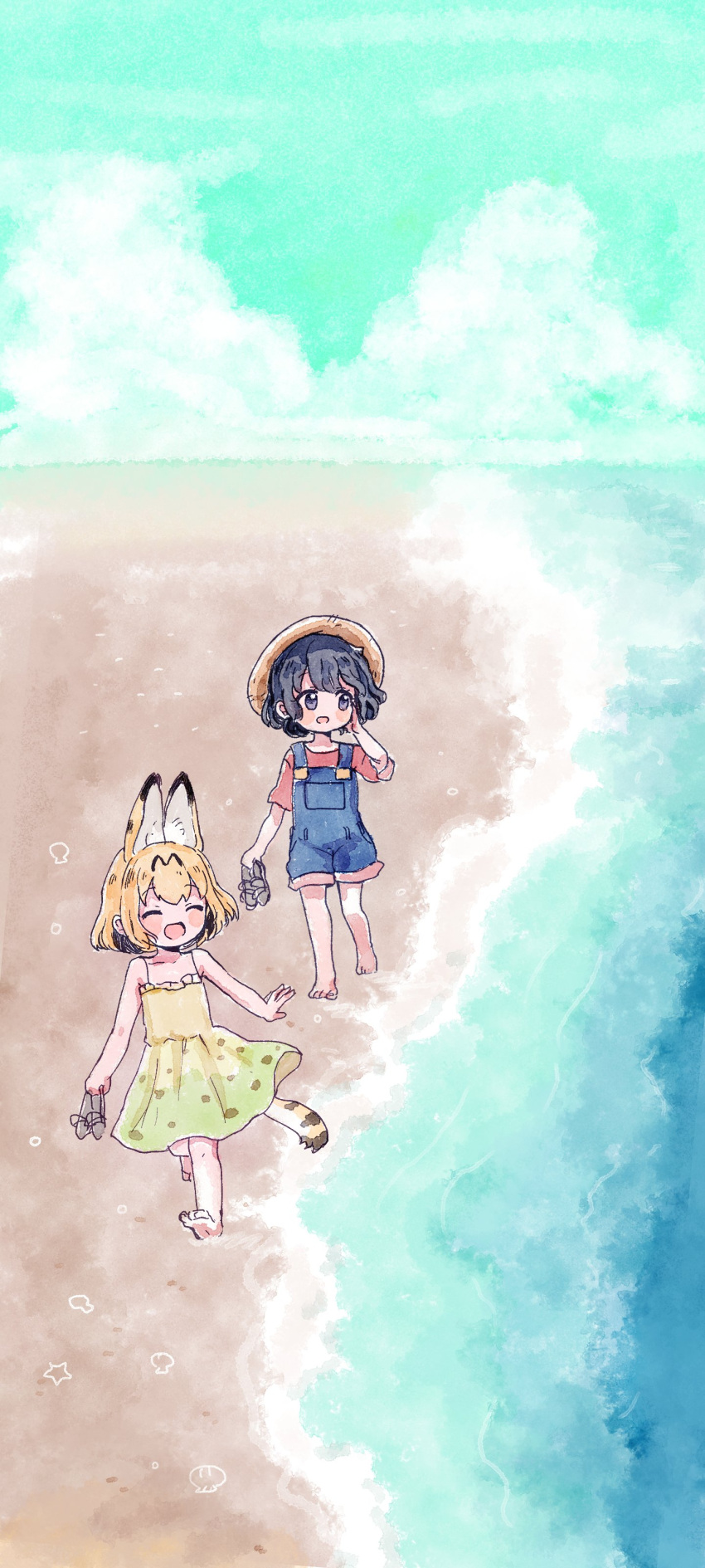 2girls absurdres alternate_costume animal_ears bare_shoulders barefoot beach black_hair blonde_hair casual closed_eyes commentary_request denim dress extra_ears eyebrows_visible_through_hair hat highres holding holding_shoes kaban_(kemono_friends) kemono_friends multiple_girls open_mouth overalls red_shirt san_sami serval_(kemono_friends) serval_ears serval_girl serval_print serval_tail shirt shoes short_hair sleeveless smile spaghetti_strap straw_hat sundress t-shirt tail yellow_dress