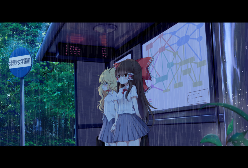 2girls blonde_hair blue_eyes bow breasts brown_eyes brown_hair commentary_request hair_bow hakurei_reimu highres holding_hands kirisame_marisa letterboxed long_hair multiple_girls rain rankasei red_bow reflection standing touhou translation_request yuri