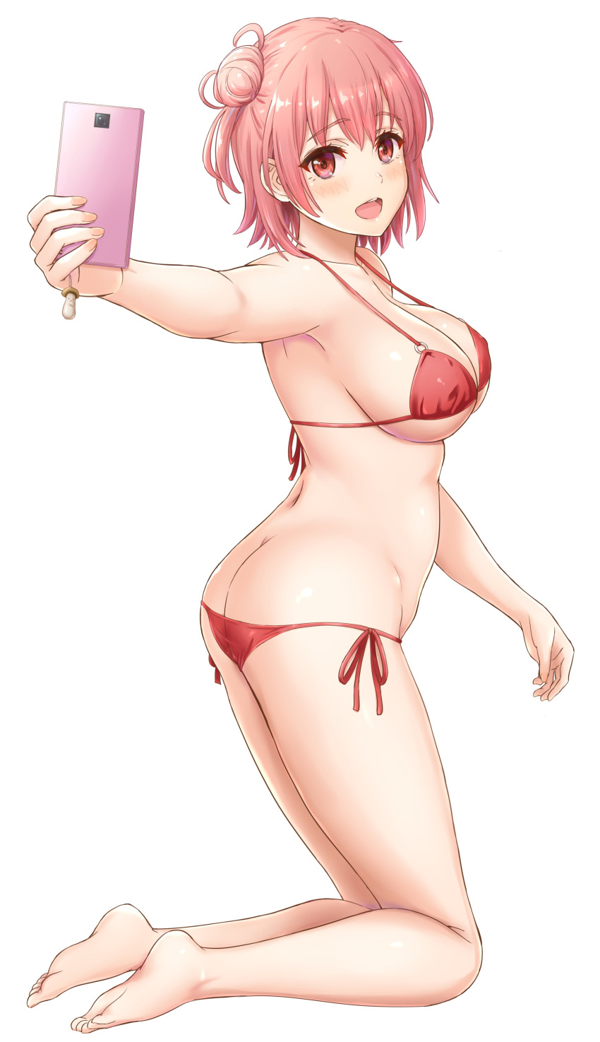 1girl absurdres ass bangs barefoot bikini breasts butt_crack cellphone cleavage commentary eyebrows_visible_through_hair from_side full_body halterneck highres holding holding_phone inanaki_shiki kneeling large_breasts looking_at_viewer lowleg lowleg_bikini open_mouth phone pink_bikini pink_eyes pink_hair selfie short_hair side-tie_bikini side_bun simple_background smartphone smile solo swimsuit white_background yahari_ore_no_seishun_lovecome_wa_machigatteiru. yuigahama_yui