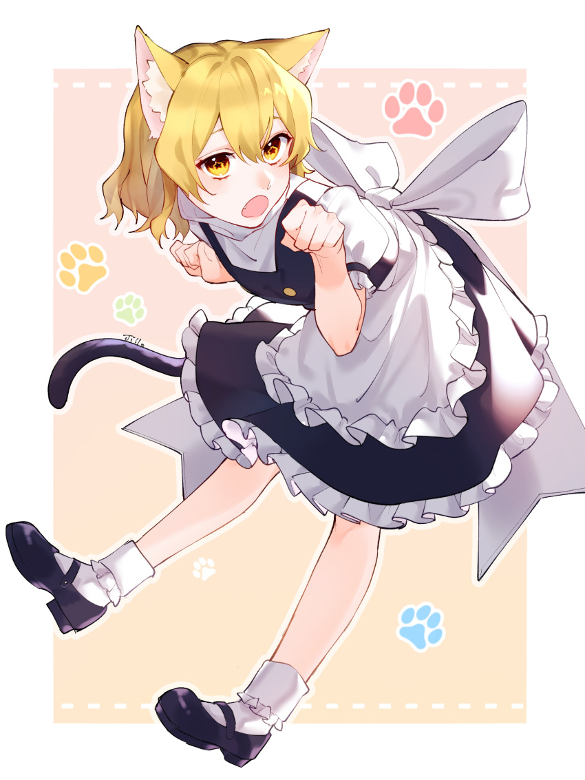 1girl animal_ears apron black_dress black_footwear blonde_hair bobby_socks bow buttons cat_ears dress frilled_dress frills full_body highres jill_07km kirisame_marisa mary_janes open_mouth paw_pose puffy_sleeves shoes short_hair short_sleeves simple_background socks touhou waist_apron white_bow white_legwear yellow_eyes