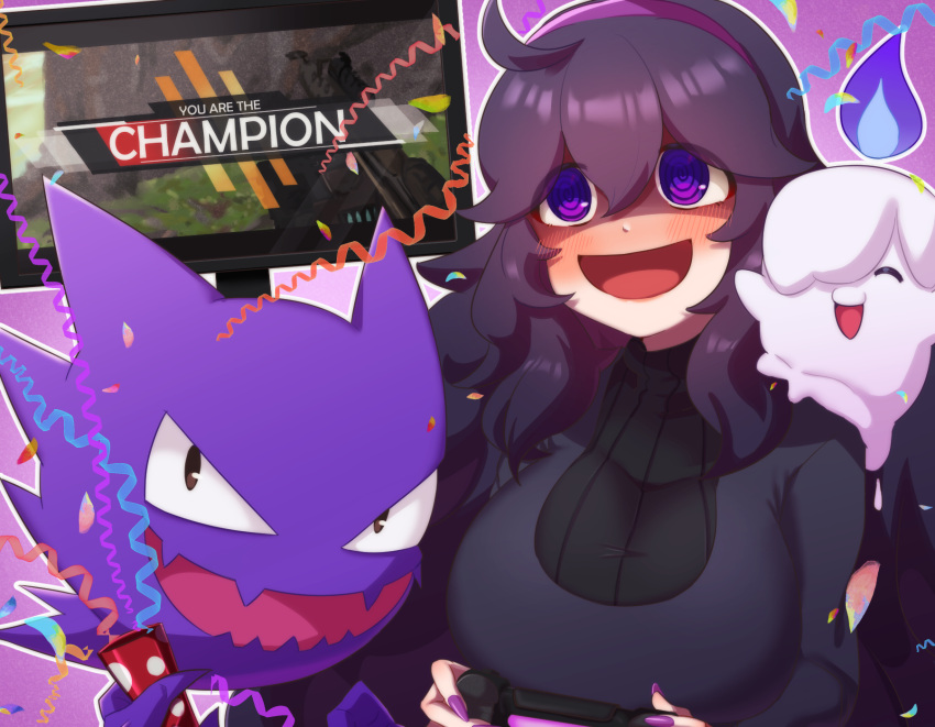 1girl :d @_@ ahoge apex_legends bangs black_dress blush breasts commentary_request dress gen_1_pokemon gen_5_pokemon hair_between_eyes hairband haunter hex_maniac_(pokemon) highres litwick long_hair nail_polish npc_trainer open_mouth outline party_popper playing_games pokemon pokemon_(creature) pokemon_(game) pokemon_xy purple_eyes purple_hair purple_hairband purple_nails shiny shiny_hair smile television ushiroki