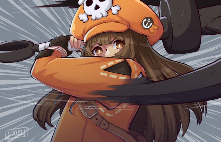 1girl anchor belt brown_eyes brown_hair fingerless_gloves gloves guilty_gear guilty_gear_strive hat highres holding holding_weapon long_hair looking_at_viewer luxu may_(guilty_gear) orange_headwear pirate pirate_hat pov skull_and_crossbones solo swinging weapon