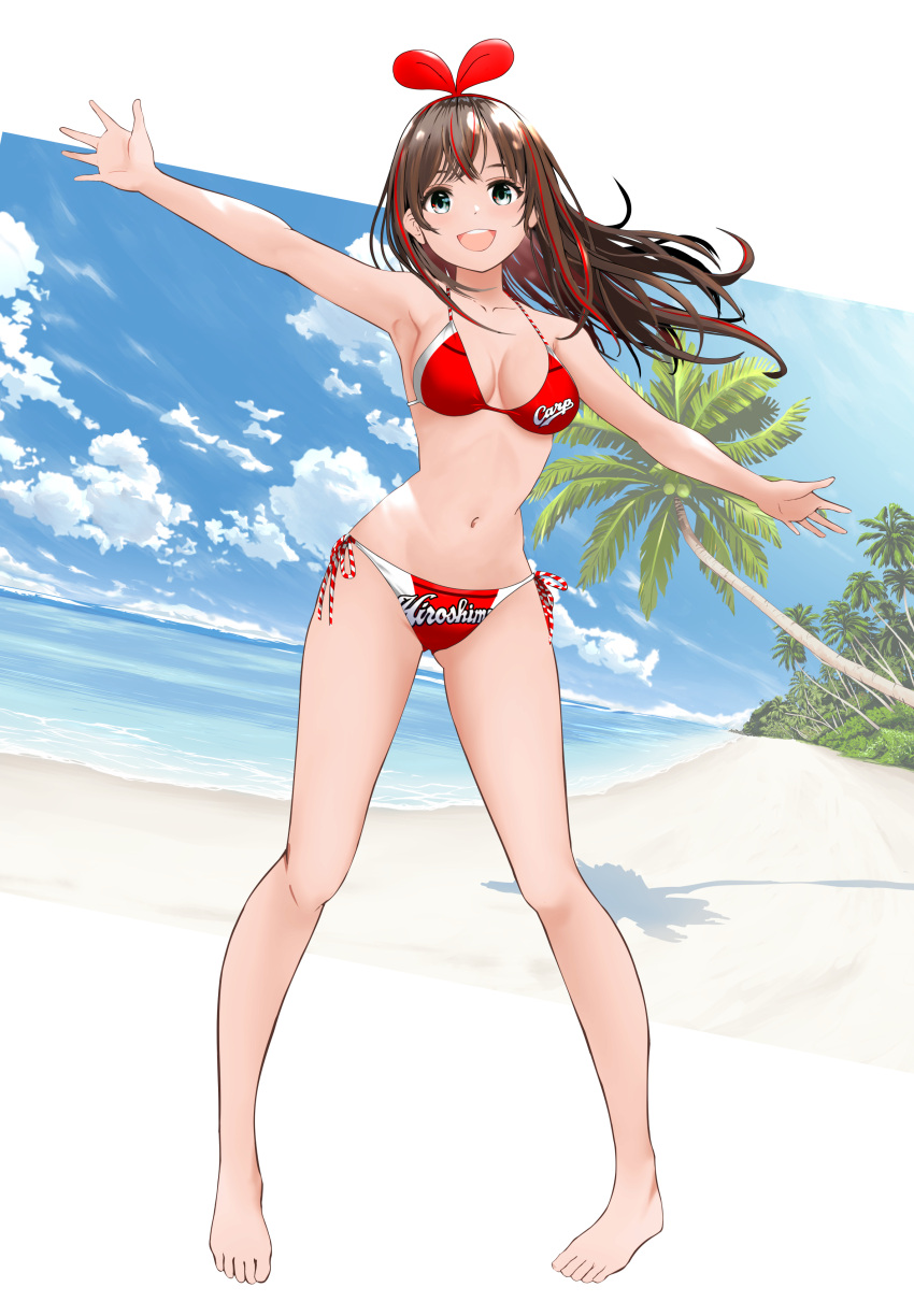 1girl :d absurdres armpits ass_visible_through_thighs bare_arms bare_legs bare_shoulders barefoot beach bikini blush bow bow_hairband breasts brown_hair clothes_writing collarbone day full_body gibun_(sozoshu) green_eyes hairband highres horizon kizuna_ai kizuna_ai_inc. looking_at_viewer medium_breasts multicolored_hair navel ocean open_mouth outdoors outstretched_arms palm_tree pigeon-toed red_bikini red_bow red_hair side-tie_bikini smile solo standing stomach streaked_hair swimsuit tree two-tone_hair upper_teeth water