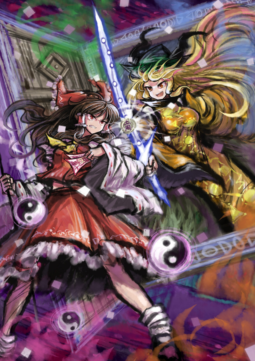 2b-ge 2girls bangs black_footwear black_headwear blonde_hair bow breasts brown_hair cape door energy energy_sword eyebrows_visible_through_hair flying gohei green_skirt hair_tubes hakurei_reimu hand_up hands_up hat highres long_hair long_sleeves looking_at_another matara_okina medium_breasts medium_hair multiple_girls open_mouth orange_cape orange_eyes orange_sleeves orb red_bow red_eyes red_shirt red_skirt shirt shoes skirt socks spell_card standing sword teeth touhou weapon white_legwear white_sleeves yellow_neckwear yin_yang yin_yang_orb