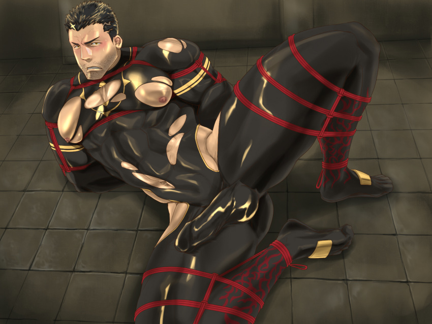 1boy abs bara bare_pectorals black_bodysuit blush bodysuit bound bound_arms bound_legs bulge erection erection_under_clothes facial_hair full_body fumio_(snnmfmw) highres hip_vent large_pectorals looking_at_viewer male_focus mature_male muscular muscular_male nipples pectorals red_rope rope shibari short_hair sideburns skindentation solo spread_legs stubble textless thick_thighs thighs tokyo_houkago_summoners torn_bodysuit torn_clothes zabaniya_(tokyo_houkago_summoners)