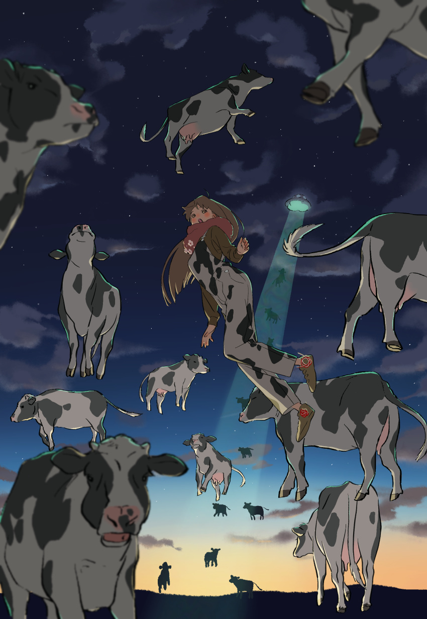 1girl abduction absurdres animal_costume animal_print blurry blush brown_eyes brown_hair brown_sweater cloud commentary_request cow cow_costume cow_print depth_of_field english_commentary floating gradient_sky highres horizon long_hair long_sleeves midair mixed-language_commentary night no_pupils open_mouth original outdoors overalls print_overalls red_scarf scarf shiki_haru sky solo star_(sky) starry_sky sunrise sweater udder ufo