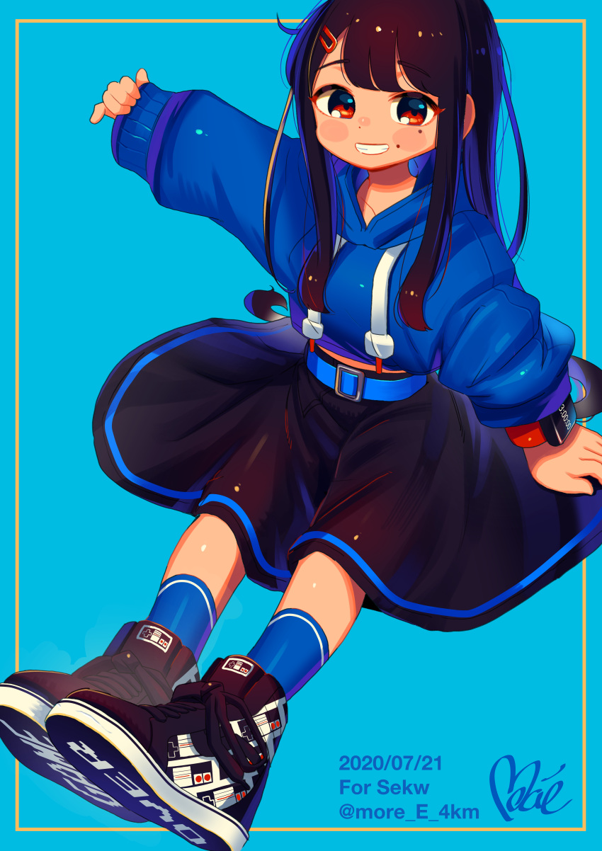 1girl absurdres belt black_footwear black_hair black_skirt blue_background blue_belt blue_hoodie blue_legwear brown_eyes dated drawstring hair_ornament hairclip high_tops highres hood hood_down hoodie huge_filesize long_hair long_sleeves looking_at_viewer moai_(more_e_4km) mole mole_under_eye original parted_lips print_footwear shoes simple_background skirt smile sneakers socks solo