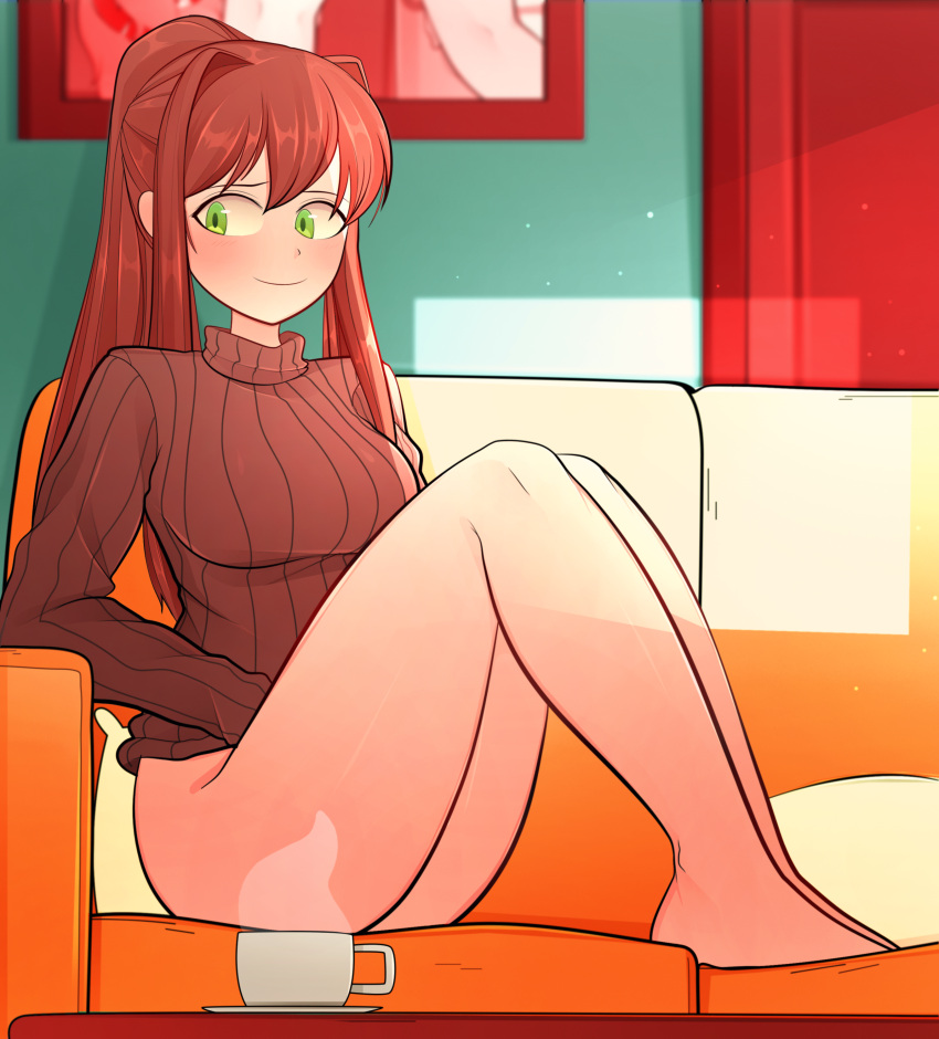 1girl absurdres arkeus_165 bare_legs blush bottomless breasts brown_hair brown_sweater casual couch cup doki_doki_literature_club embarrassed green_eyes highres legs legs_together long_hair looking_away looking_to_the_side medium_breasts monika_(doki_doki_literature_club) pillow ponytail sitting solo sweater tea teacup