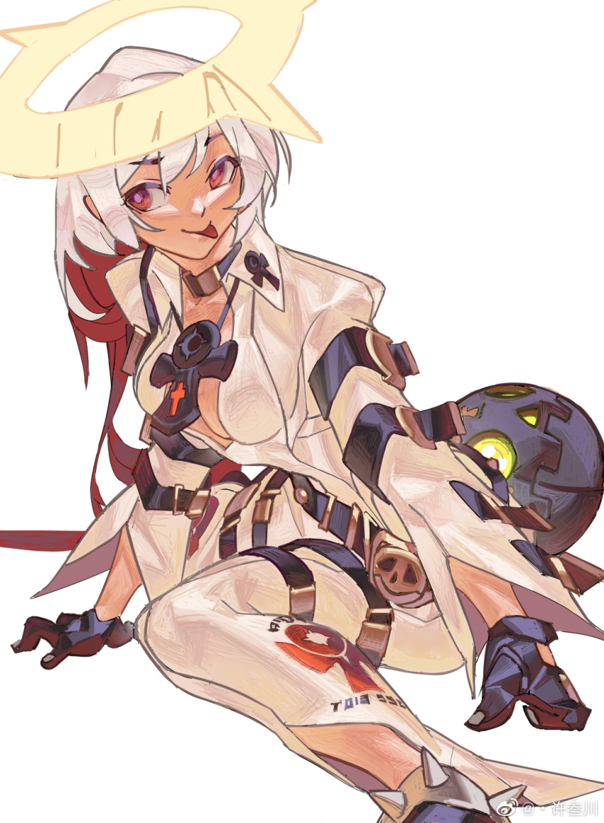 1girl :p ankh_necklace ball_and_chain_restraint bellbottoms between_breasts black_gloves bodysuit breasts colored_inner_hair gloves guilty_gear guilty_gear_xrd halo highres jack-o'_valentine long_hair medium_breasts multicolored_hair no_bra no_mask plunging_neckline red_eyes red_hair sitting solo spiked_anklet tongue tongue_out two-tone_hair wariza white_background white_bodysuit white_hair