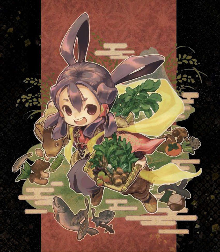 1girl bangs black_eyes egasumi fish food full_body hair_rings highres japanese_clothes kitaru_(mabo_f) leaf mushroom open_mouth plant sakuna-hime smile solo tensui_no_sakuna-hime tomato vegetable