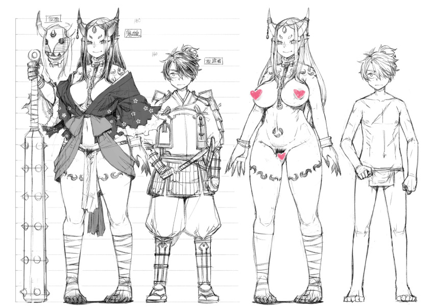 1boy 1girl arm_tattoo armor blush breasts censored chain closed_mouth club female_pubic_hair fingernails greyscale heart heart_censor highres holding holding_weapon horns japanese_armor japanese_clothes kimono kosuke_orz large_breasts monochrome multiple_views nude oni oni_horns original pelvic_curtain pigeon-toed pubic_hair pubic_tattoo sharp_fingernails shoulder_armor shoulder_tattoo smile sode spiked_club tattoo torn_clothes torn_sleeves weapon