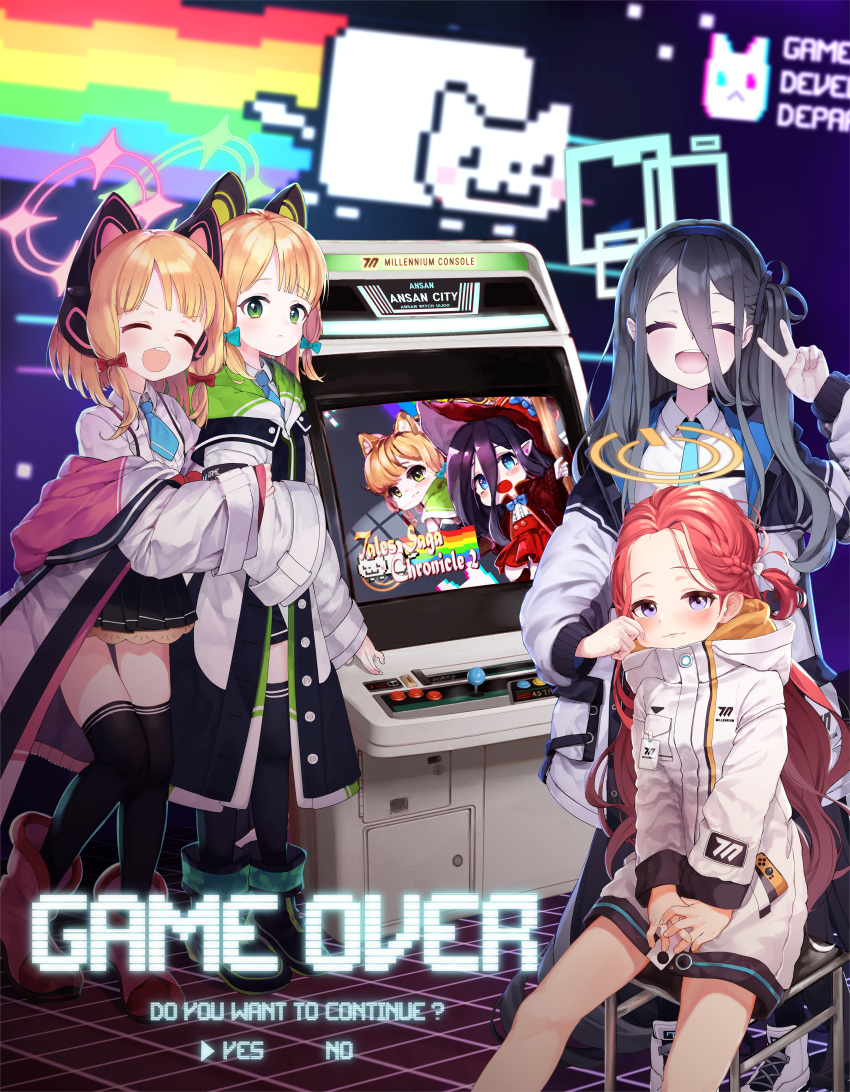 4girls absurdres ansan_ey arisu_(blue_archive) blonde_hair blue_archive blush cat_ear_headphones cheek_pinching closed_eyes commentary english_text game_console hair_between_eyes hair_ornament hair_ribbon headphones highres huge_filesize jacket long_hair looking_at_viewer midori_(blue_archive) momoi_(blue_archive) multiple_girls nyan_cat pinching purple_eyes red_hair ribbon short_hair siblings smile thighhighs twins v very_long_hair yuzu_(blue_archive)