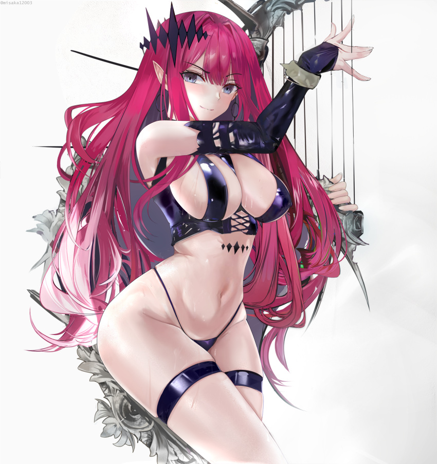 1girl bangs bare_shoulders blush bracelet breasts bridal_gauntlets cleavage closed_mouth detached_sleeves earrings fate/grand_order fate_(series) grey_eyes harp highres instrument jewelry large_breasts long_hair looking_at_viewer misako12003 pink_hair pointy_ears revealing_clothes sidelocks sitting slit_pupils smile solo thigh_strap thighs tristan_(fairy_knight)_(fate) veil