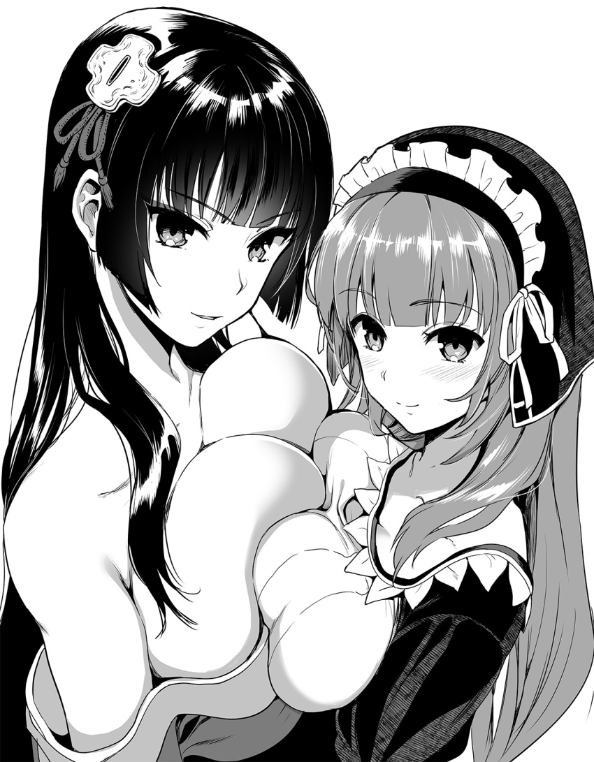 2girls bangs bare_shoulders blunt_bangs blush breast_press breasts cleavage closed_mouth from_side greyscale hair_ornament hair_ribbon head_scarf highres hime_cut kojima_saya large_breasts long_hair looking_at_viewer maken-shi_no_maken_ni_yoru_maken_no_tame_no_harem_life monochrome multiple_girls off_shoulder parted_lips ribbon simple_background smile symmetrical_docking white_background