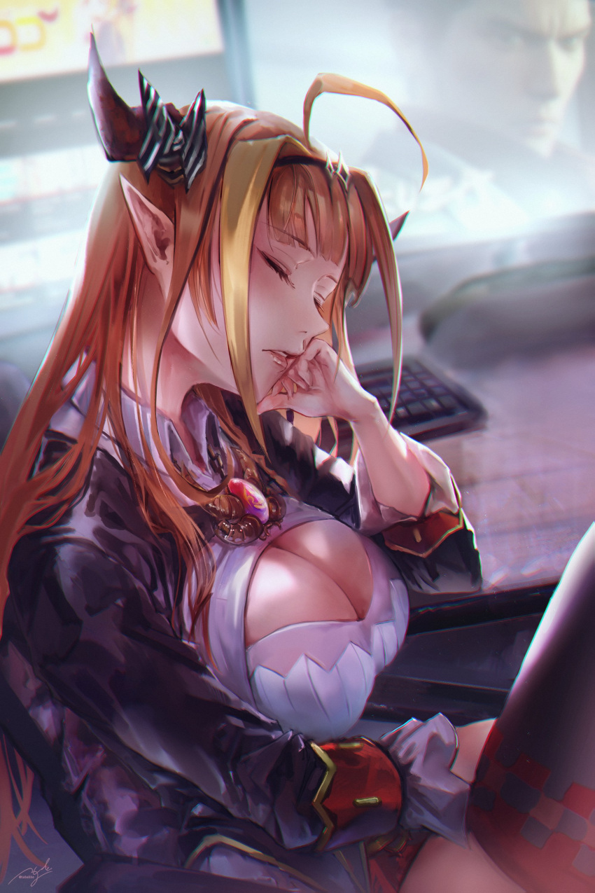 1girl absurdres ahoge bangs black_jacket blonde_hair blunt_bangs bow breasts brooch chain_necklace cleavage cleavage_cutout closed_eyes clothing_cutout collared_shirt desk diagonal-striped_bow dragon_girl dragon_horns elbow_rest eyebrows_visible_through_hair feet_out_of_frame gem hairband head_rest highres hololive horn_bow horns indoors jacket jewelry keyboard_(computer) kiryu_coco kiryuu_kazuma knee_up large_breasts lips long_hair monitor mr.holmes multicolored_hair on_chair orange_hair parted_lips pointy_ears ryuu_ga_gotoku shirt sidelocks signature single_thighhigh sitting sleeping sleeping_upright solo streaked_hair striped striped_bow symbol_commentary thighhighs virtual_youtuber white_shirt