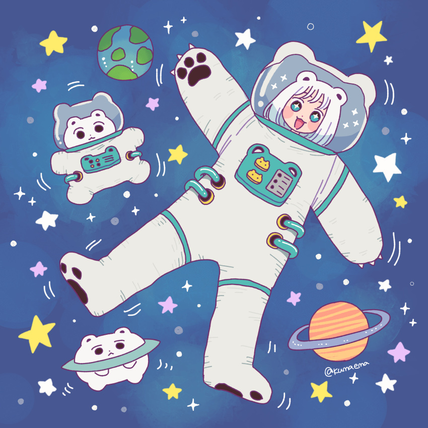 1girl absurdres aqua_eyes astronaut bangs bear blush earth_(planet) full_body highres looking_at_viewer nokanok open_mouth original planet planetary_ring short_hair smile solo space space_helmet spacesuit star_(symbol) twitter_username white_hair