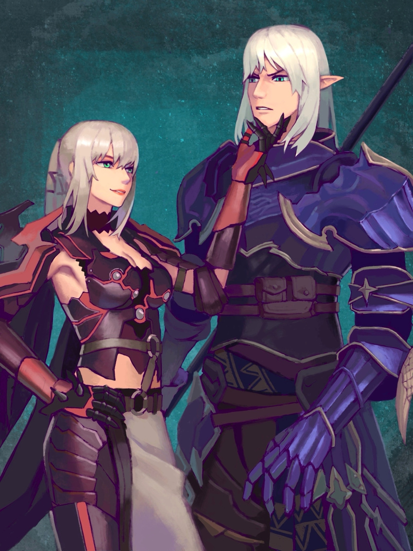 1boy 1girl aranea_highwind armor belt breasts cleavage cyber_monk dragoon_(final_fantasy) estinien_wyrmblood final_fantasy final_fantasy_xiv final_fantasy_xv green_eyes hand_on_another's_face highres pointy_ears polearm silver_hair smile spear standing weapon