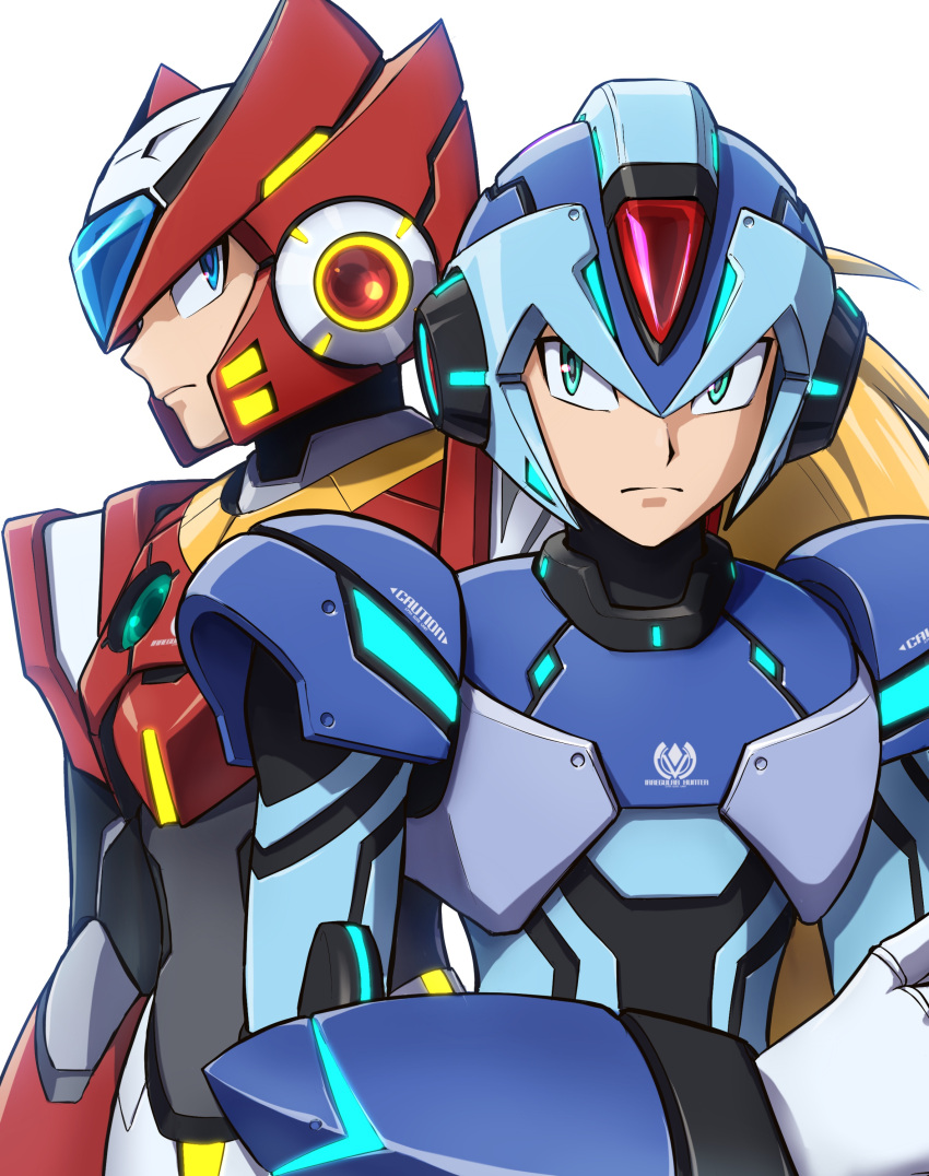 2boys absurdres android armor blonde_hair blue_eyes blue_headwear closed_mouth commentary_request english_text frown green_eyes helmet highres hoshi_mikan long_hair looking_at_viewer male_focus mega_man_(series) mega_man_x_(character) mega_man_x_(series) multiple_boys red_headwear redesign serious shoulder_armor simple_background upper_body white_background zero_(mega_man)