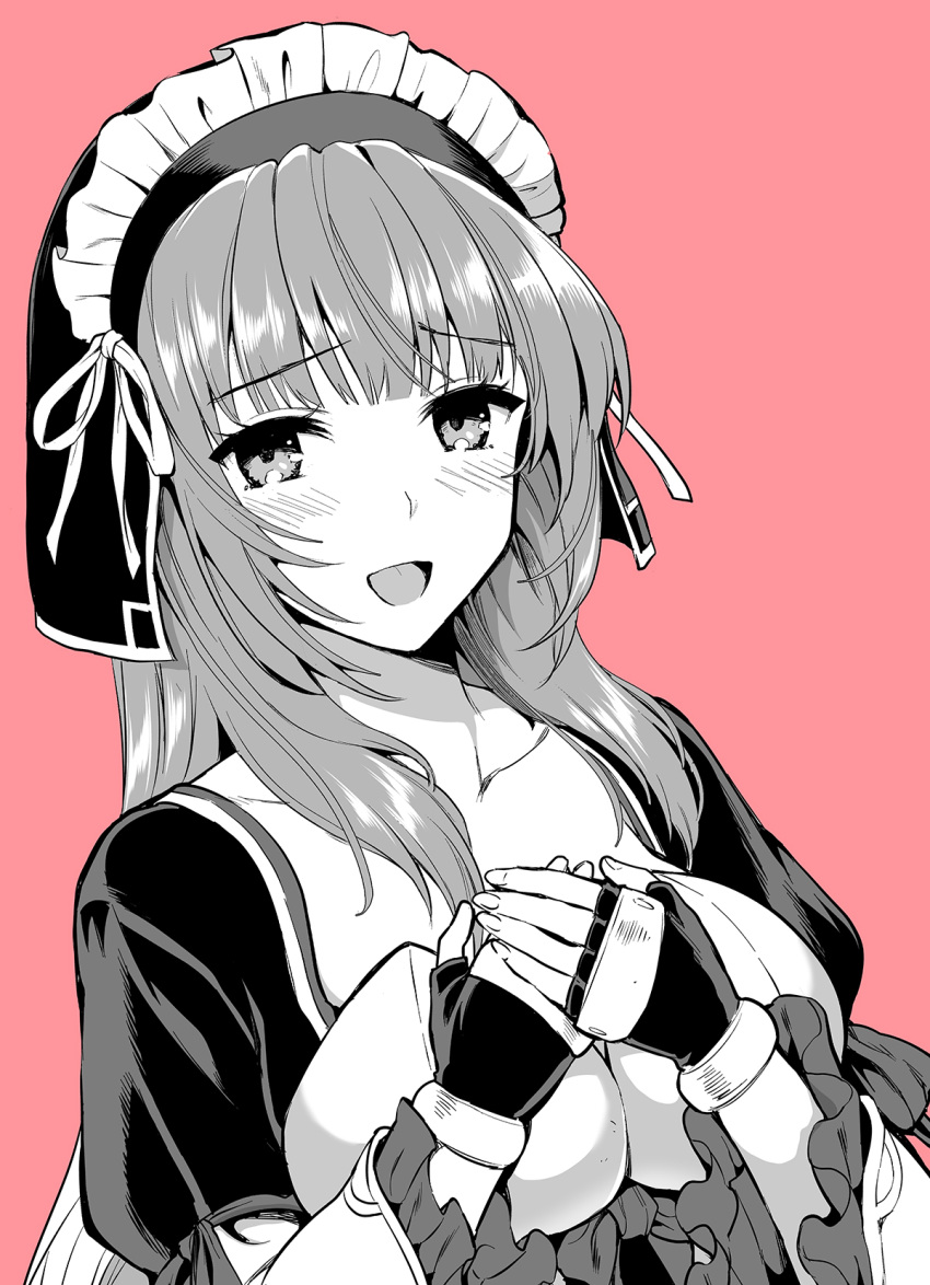 1girl :d bangs blunt_bangs blush breasts cleavage dated eyebrows_visible_through_hair hair_ribbon hands_up head_scarf highres juliet_sleeves kojima_saya long_hair long_sleeves looking_at_viewer maid_headdress maken-shi_no_maken_ni_yoru_maken_no_tame_no_harem_life open_mouth own_hands_together pink_background puffy_sleeves ribbon signature simple_background smile solo upper_body wide_sleeves