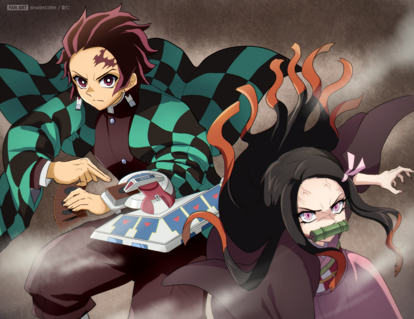 1boy 1girl artist_name asa_no_ha_(pattern) bamboo bit_gag black_hair black_jacket black_pants bright_pupils brother_and_sister brown_hair card checkered_haori checkered_obi closed_mouth commentary crossover duel_disk earrings english_text fingernails forehead frown gag gakuran gradient_hair haori high_collar highres holding holding_card jacket japanese_clothes jewelry kamado_nezuko kamado_tanjirou kimetsu_no_yaiba kimono leaning_forward long_hair looking_at_viewer multicolored_hair pants pink_eyes pink_kimono pink_ribbon raijin-bh red_eyes ribbon scar_on_forehead school_uniform sharp_fingernails short_hair siblings side-by-side standing twitter_username two-tone_hair veins white_pupils wind yu-gi-oh! yu-gi-oh!_duel_monsters