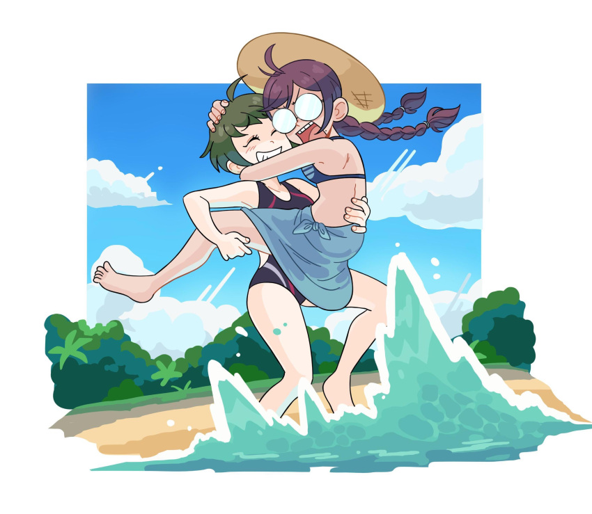 2girls beach bikini bikini_top blue_sky braid danganronpa_(series) danganronpa_another_episode:_ultra_despair_girls fukawa_touko glasses highres hug kiana_mai multiple_girls naegi_komaru one-piece_swimsuit open_mouth sarong short_hair sky smile swimsuit twin_braids water waves