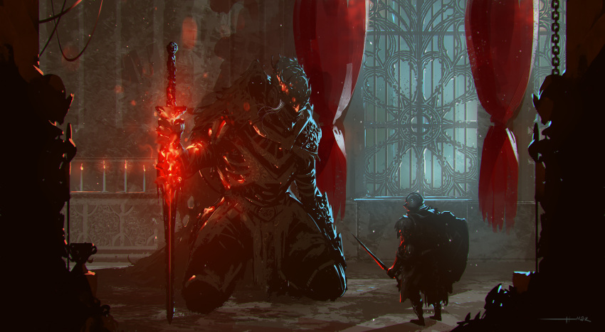 1other 2boys absurdres ambiguous_gender ashen_one_(dark_souls_3) commentary curtains dark_souls_(series) dark_souls_iii english_commentary flaming_sword flaming_weapon glowing glowing_eyes height_difference helm helmet highres holding holding_shield holding_sword holding_weapon hood hood_up indoors kalmahul kneeling knight lorian_(elder_prince) lothric_(younger_prince) multiple_boys robe shield shiny sword torn_clothes weapon