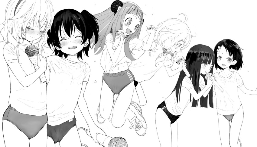 6+girls akagi_miria animal_ears black_hair bloomers bow bunny_hair_ornament closed_eyes fake_animal_ears greyscale gym_uniform hair_bow hair_ornament hairpin highres hime_cut holding_hands ichihara_nina idolmaster idolmaster_cinderella_girls idolmaster_cinderella_girls_starlight_stage jumping long_hair microphone monochrome mouse_ears multiple_girls sajo_yukimi sakurai_momoka sasaki_chie short_hair sweat underwear wet wet_clothes xyh yusa_kozue