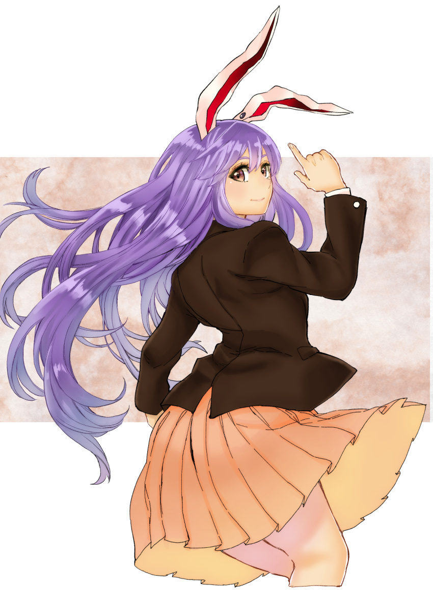 1girl animal_ears bunny_ears commentary_request cropped_legs finger_gun highres long_hair natsushiro purple_eyes purple_hair reisen_udongein_inaba simple_background skirt solo suit_jacket touhou very_long_hair