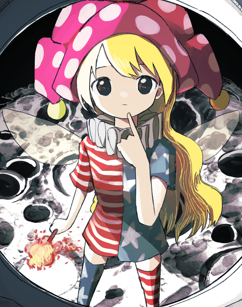 1girl american_flag_dress american_flag_legwear bangs blonde_hair blue_dress blue_legwear blue_sleeves closed_mouth clownpiece dress eyebrows_visible_through_hair fairy_wings fire grey_eyes hand_up highres long_hair looking_at_viewer moon neruzou red_dress red_legwear red_sleeves short_sleeves solo spacesuit standing star_(symbol) star_print striped striped_dress striped_legwear thighhighs torch touhou wings