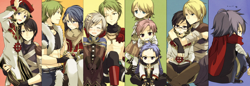 ... 6+boys :d abs alchemist_(ragnarok_online) animal_around_neck armor arms_around_neck assassin_(ragnarok_online) bandages bangle bangs black-framed_eyewear black_coat black_footwear black_gloves black_hair black_pants black_shirt blacksmith_(ragnarok_online) blonde_hair blue_background blue_cape blue_eyes blue_hair blue_jacket blue_pants blush book boots bracelet brown_coat brown_eyes brown_footwear brown_gloves brown_hair brown_pants brown_shirt brown_shorts cape carrying championship_belt closed_eyes closed_mouth coat commentary_request crop_top cross cross_necklace crossed_legs detached_sleeves eyebrows_visible_through_hair feet_out_of_frame fingerless_gloves fox full_body fur-trimmed_cape fur-trimmed_jacket fur_trim glasses gloves green_background green_eyes green_hair grey_eyes grey_hair grin hair_between_eyes hair_ornament hairpin hand_in_another's_hair hands_on_another's_shoulders hands_on_own_legs hat high_priest_(ragnarok_online) highres holding holding_book holding_hands hooded_coat hunter_(ragnarok_online) jacket jewelry jumpsuit jumpsuit_around_waist layered_clothing light_brown_hair long_sleeves looking_afar looking_at_another looking_at_viewer looking_down male_focus mechanic_(ragnarok_online) medium_hair mole mole_under_eye monk_(ragnarok_online) multiple_boys necklace ninja_(ragnarok_online) nipples one_eye_closed open_book open_clothes open_coat open_jacket open_mouth orange_background pants pants_under_shorts pauldrons pink_hair professor_(ragnarok_online) purple_background purple_eyes purple_pants purple_shirt ragnarok_online reading red_armor red_cape red_headwear red_scarf red_shirt sasai_saki scar scar_across_eye scarf shirt shoes short_hair short_sleeves shorts shoulder_armor shrug_(clothing) simple_background sitting sleeveless sleeveless_shirt smile squatting stalker_(ragnarok_online) standing striped_sleeves tears two-sided_cape two-sided_fabric two-tone_coat upper_body vambraces waist_cape white_coat white_jumpsuit white_pants white_shirt white_sleeves yaoi yellow_background yellow_sleeves