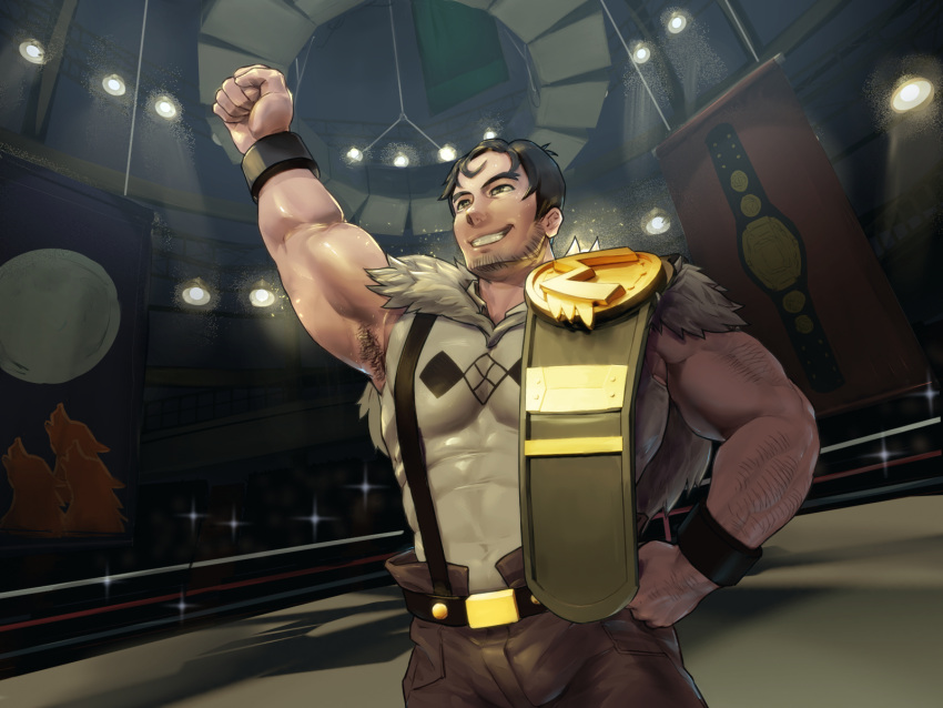 1boy arm_hair armpit_hair armpits bara beard belt beowulf_(skullgirls) black_hair bulge facial_hair fumio_(snnmfmw) highres large_pectorals male_focus mature_male muscular muscular_male pectorals reward_available short_hair sideburns sidepec skullgirls sleeveless smile solo stubble suspenders wrestling wrestling_outfit wrestling_ring