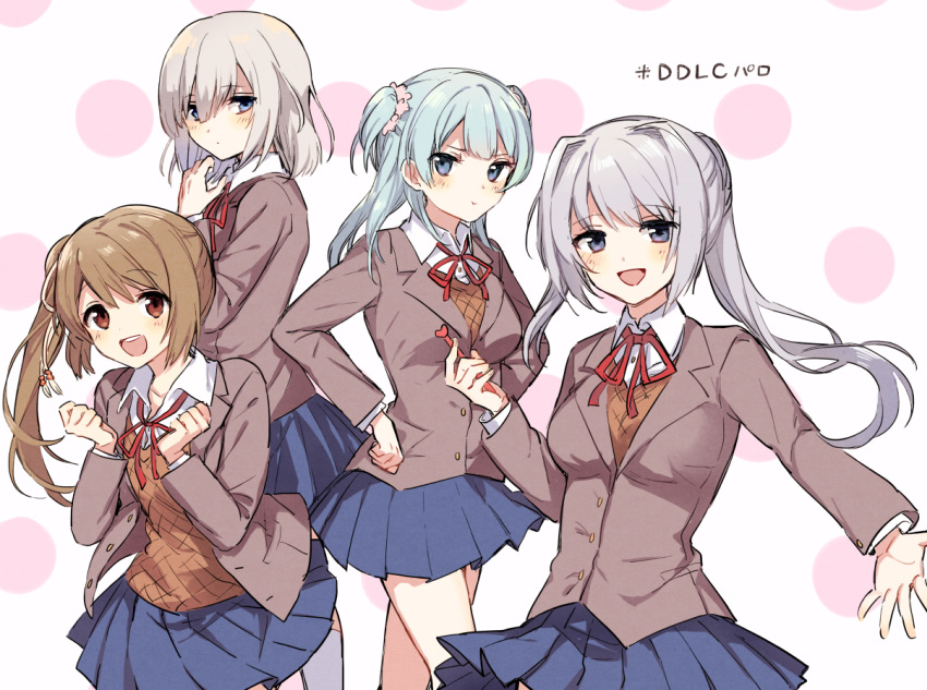 4girls blazer blue_eyes blue_skirt blush boyano brown_eyes brown_hair brown_jacket collared_shirt cosplay doki_doki_literature_club hair_over_one_eye hands_on_hips hands_up isuzu_ren jacket light_blue_hair long_hair long_sleeves magia_record:_mahou_shoujo_madoka_magica_gaiden mahou_shoujo_madoka_magica minami_rena monika_(doki_doki_literature_club) monika_(doki_doki_literature_club)_(cosplay) multiple_girls natsuki_(doki_doki_literature_club) natsuki_(doki_doki_literature_club)_(cosplay) neck_ribbon open_mouth pleated_skirt ponytail red_neckwear red_ribbon ribbon sayori_(doki_doki_literature_club) sayori_(doki_doki_literature_club)_(cosplay) school_uniform shirt short_hair side_ponytail silver_hair skirt smile two_side_up upper_body yakumo_mitama yui_tsuruno yuri_(doki_doki_literature_club) yuri_(doki_doki_literature_club)_(cosplay)