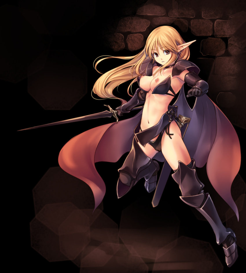 1girl armor armored_boots bangs bikini bikini_armor black_armor black_bikini black_legwear blonde_hair boots breasts breasts_outside brick_wall brown_eyes cape collarbone commentary_request elf eyebrows_visible_through_hair floating_hair full_body gauntlets groin hair_between_eyes highres holding holding_sword holding_weapon kirishima_satoshi long_hair looking_at_viewer medium_breasts navel nipples original parted_lips pauldrons pointy_ears red_cape sheath shoulder_armor sidelocks solo standing standing_on_one_leg stomach swimsuit sword thighhighs unsheathed wardrobe_malfunction weapon