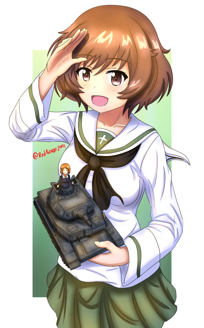 1girl akiyama_yukari breasts brown_eyes brown_hair caterpillar_tracks character_doll commentary_request girls_und_panzer ground_vehicle highres military military_vehicle motor_vehicle nishizumi_miho ooarai_military_uniform ooarai_school_uniform panzerkampfwagen_iv redbaron school_uniform shirt short_hair signature skirt solo tank