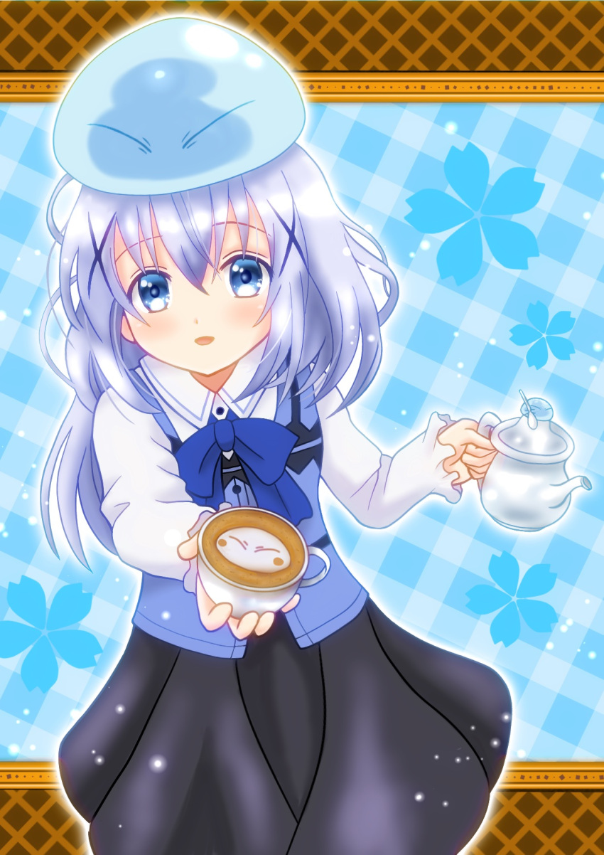 1girl asukamama89 bangs blue_eyes blue_vest collared_shirt crossover eyebrows_visible_through_hair gochuumon_wa_usagi_desu_ka? grey_skirt hair_between_eyes hair_ornament highres holding kafuu_chino long_hair long_sleeves medium_skirt open_mouth rabbit_house_uniform rimuru_tempest shiny shiny_hair shirt silver_hair skirt teapot tensei_shitara_slime_datta_ken vest white_shirt wing_collar x_hair_ornament