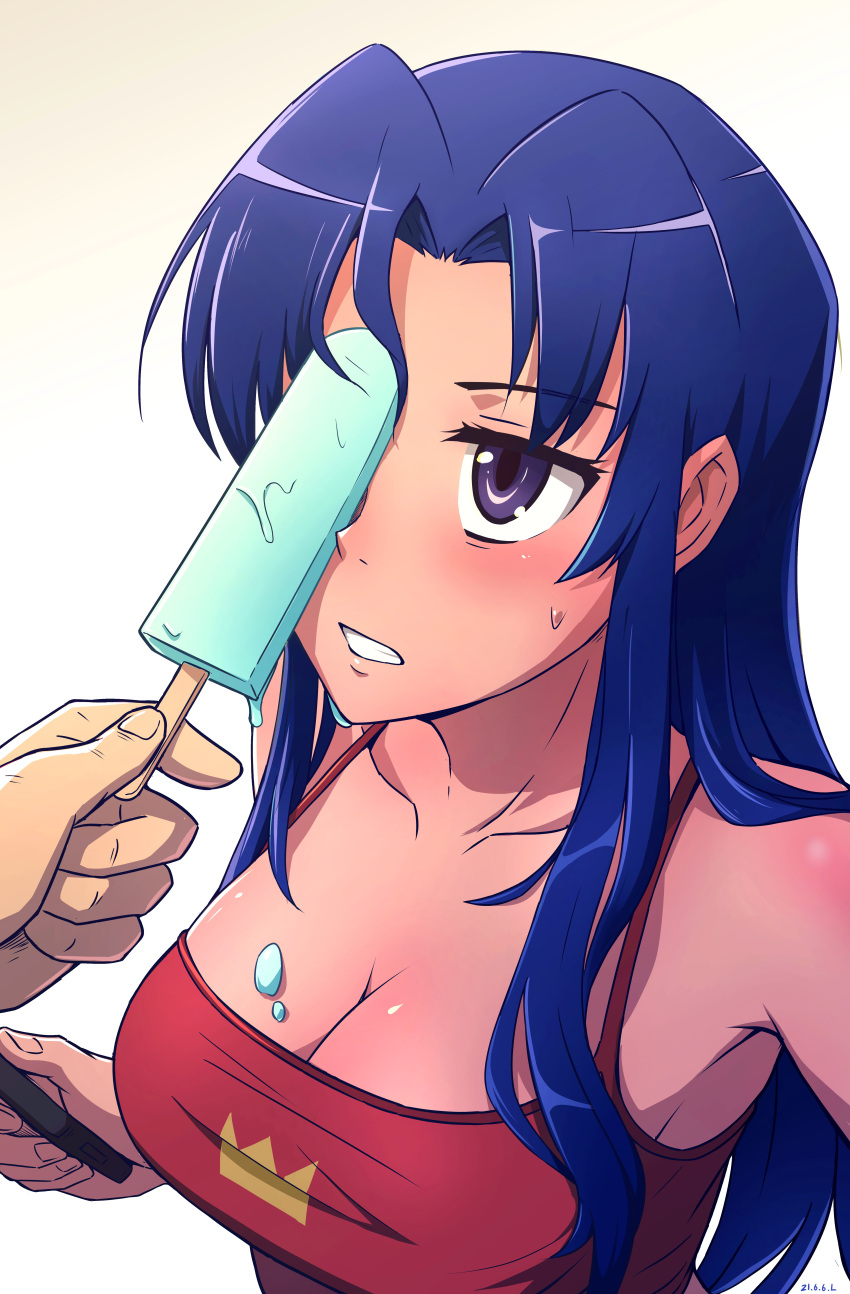 1girl absurdres blue_hair breasts cleavage collarbone crown_print food high_ponytail highres holding kawashima_ami long_hair medium_breasts popsicle print_shirt purple_eyes red_shirt royl sexually_suggestive shiny shiny_hair shiny_skin shirt simple_background sleeveless sleeveless_shirt solo_focus spaghetti_strap straight_hair sweatdrop toradora! upper_body white_background