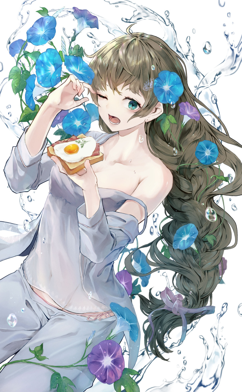 1girl absurdres bacon bare_shoulders blue_eyes blue_flower braid bread brown_hair camisole canned_rose collarbone eating egg flower food highres holding holding_food long_hair looking_at_viewer morning_glory one_eye_closed open_mouth original pajamas pants purple_flower solo strap_slip water water_drop white_background white_camisole white_pants