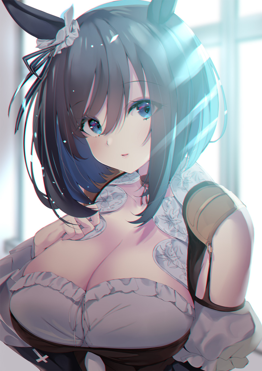 1girl animal_ears bangs black_hair black_shirt blue_eyes blurry blurry_background blush breasts cleavage collarbone commentary_request detached_sleeves eishin_flash_(umamusume) eyebrows_visible_through_hair hair_between_eyes hair_ornament hair_ribbon hand_on_own_chest highres horse_ears horse_girl large_breasts lips looking_at_viewer low_neckline noto_kurumi parted_lips puffy_short_sleeves puffy_sleeves ribbon shirt short_sleeves smile solo umamusume upper_body window