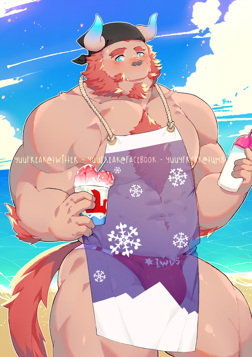 1boy abs absurdres arm_hair bara bare_pectorals beach beard bulge chernobog_(tokyo_houkago_summoners) chest_hair chest_tuft cloud cloudy_sky cup day facial_hair fang food forked_eyebrows furry goatee highres holding holding_cup ice_cream large_pectorals male_focus male_swimwear minotaur muscular muscular_male navel navel_hair nipples pectorals pink_fur purple_apron red_male_swimwear reward_available see-through short_hair sky smile solo stomach sun swim_briefs tail thick_eyebrows thick_thighs thighs tokyo_houkago_summoners yuufreak