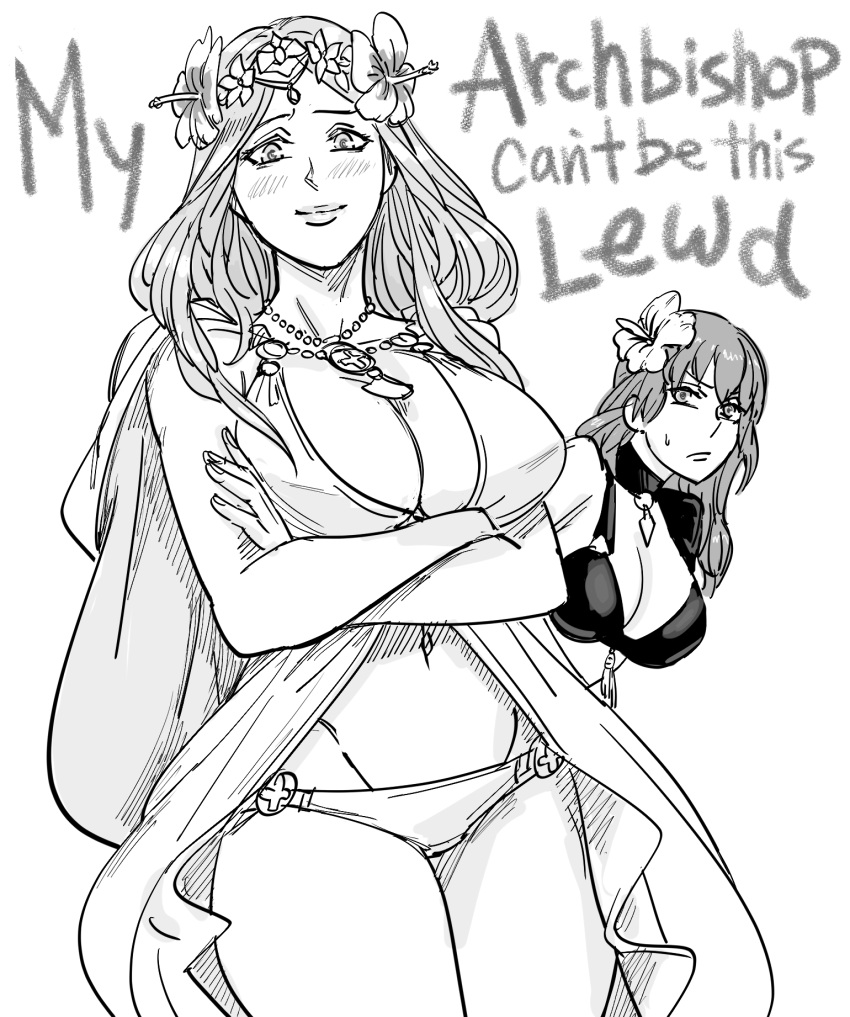 2girls bb_(baalbuddy) bikini blush breasts byleth_(fire_emblem) byleth_(fire_emblem)_(female) can't_be_this_cute choker cleavage closed_mouth commentary crossed_arms english_commentary english_text fire_emblem fire_emblem:_three_houses flower greyscale hair_flower hair_ornament highres jewelry large_breasts long_hair looking_at_viewer monochrome multiple_girls navel necklace rhea_(fire_emblem) simple_background smile standing swimsuit white_background